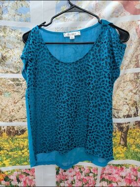 Decree Teal Animal Print Short Sleeve Sheer Top